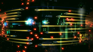 An example of an onslaught of enemy ships and fire aiming for the player.