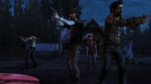 Nick, Clementine, and the rest warding off a group of walkers.