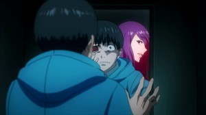 Kaneki in shock at his new transformation, with a vision of Rize in the background.