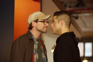 Mr. Robot & Elliot face to face. MR. ROBOT -- "zer0-day.avi" Episode 110 -- Pictured: (l-r) Christian Slater as Mr. Robot, Rami Malek as Elliot Alderson -- (Photo by: Christopher Saunders/USA Network)
